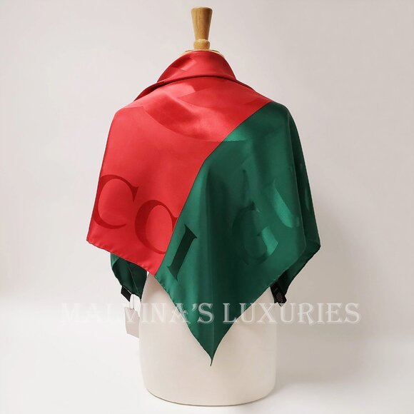 GUCCI SCARF GREEN RED WEB GG LOGO PRINT JACQUARD SILK TWILL FOULARD 35" - Picture 6 of 15